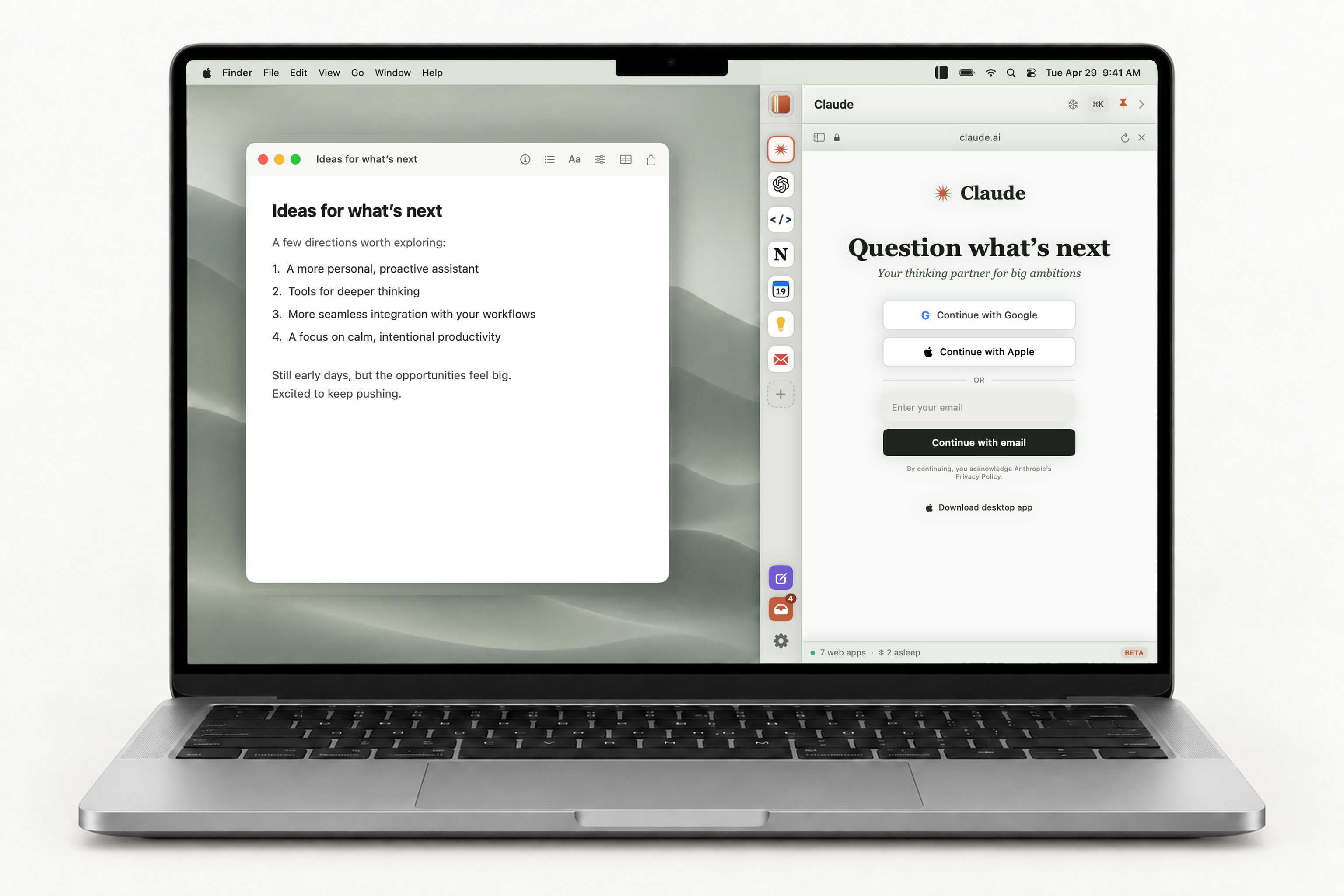 Mockup of a MacBook Pro with a document open on the left and Margin’s Sage-theme panel docked to the right edge of the screen.