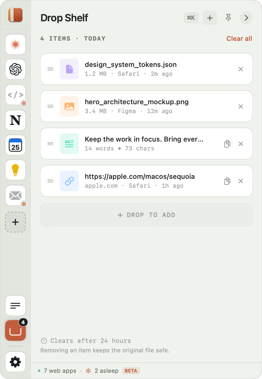 Margin Drop Shelf holding a JSON file, an image, a text snippet and a link.