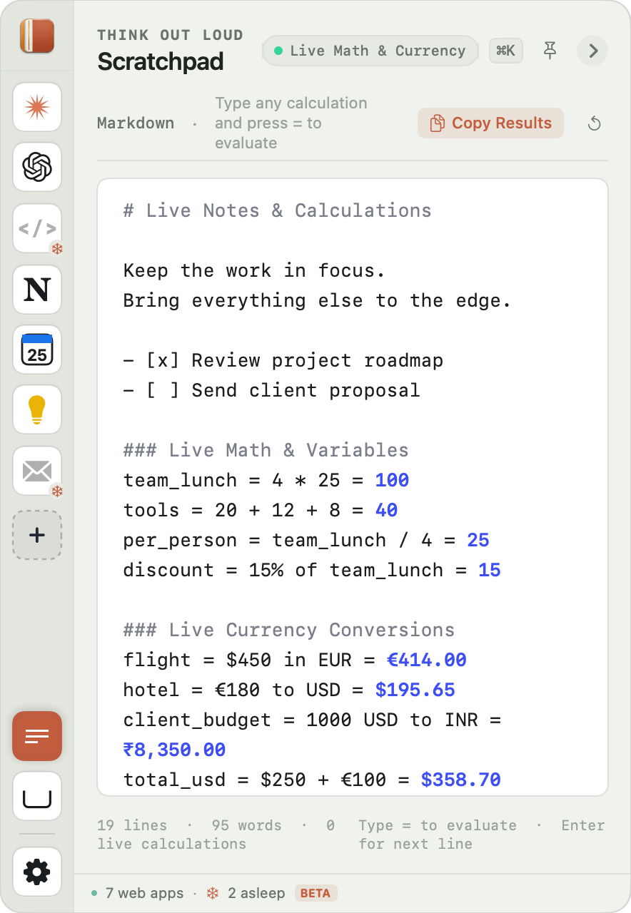 Margin Scratchpad with Markdown notes, worked-out sums and currency conversions.